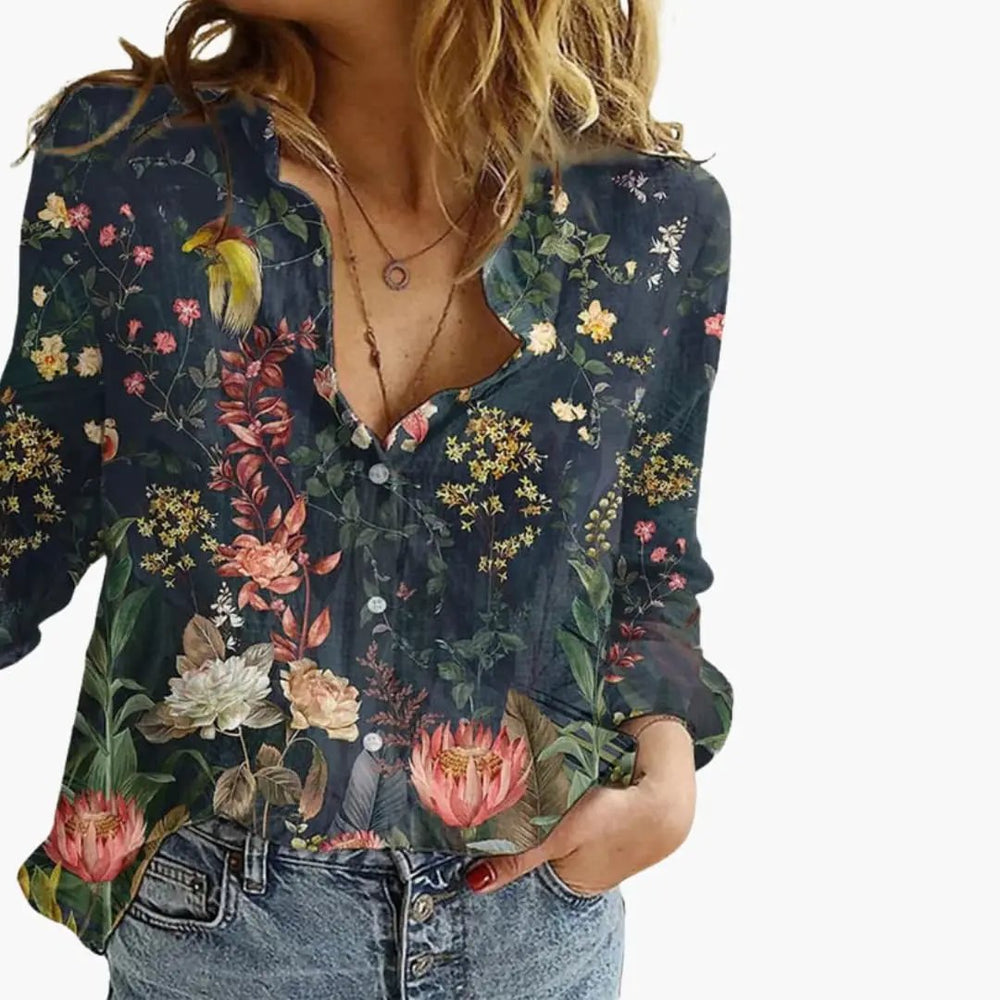 Women's Printed Blouse – V-Neck, Long Sleeve & Straight Hem