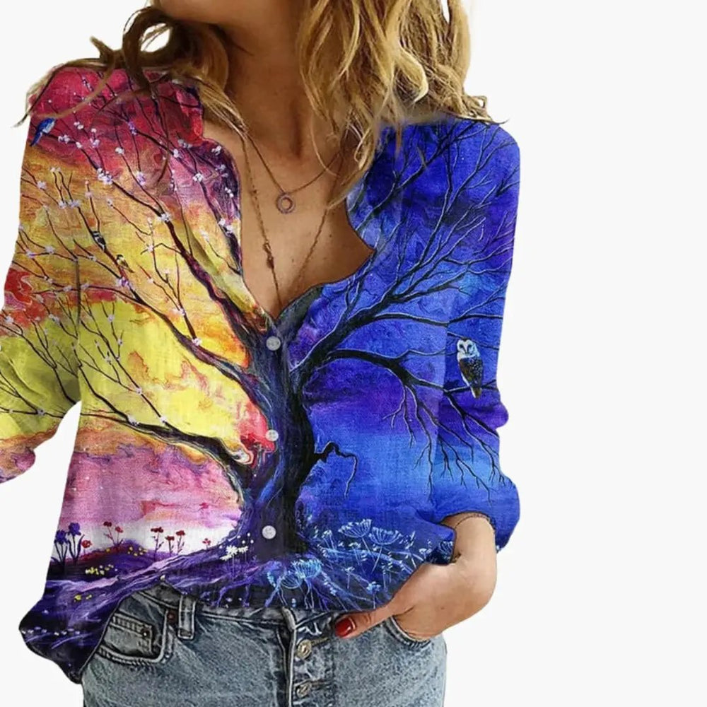 Women's Printed Blouse – V-Neck, Long Sleeve & Straight Hem