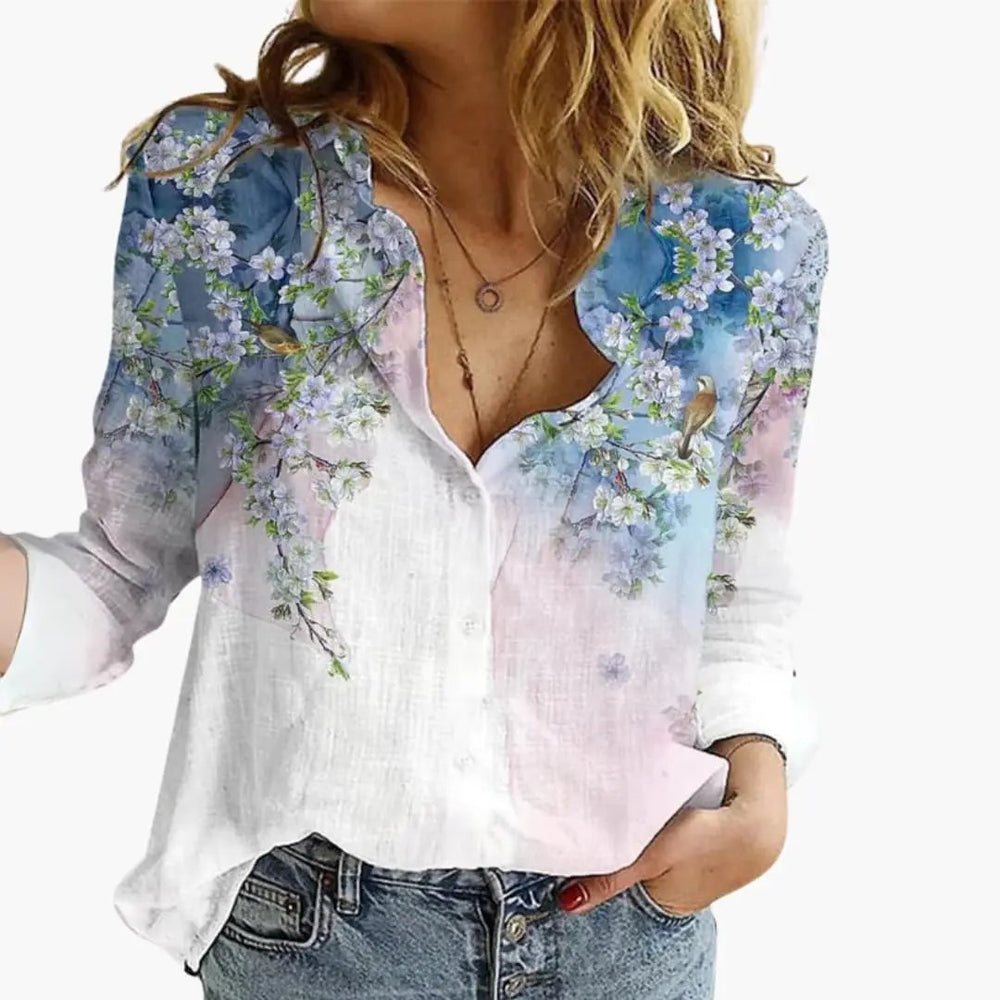 Women's Printed Blouse – V-Neck, Long Sleeve & Straight Hem