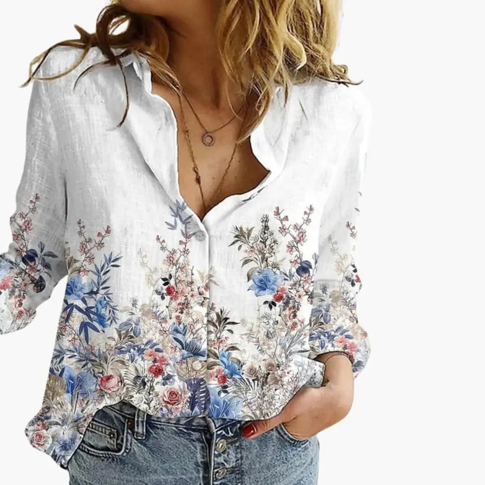 Women's Printed Blouse – V-Neck, Long Sleeve & Straight Hem