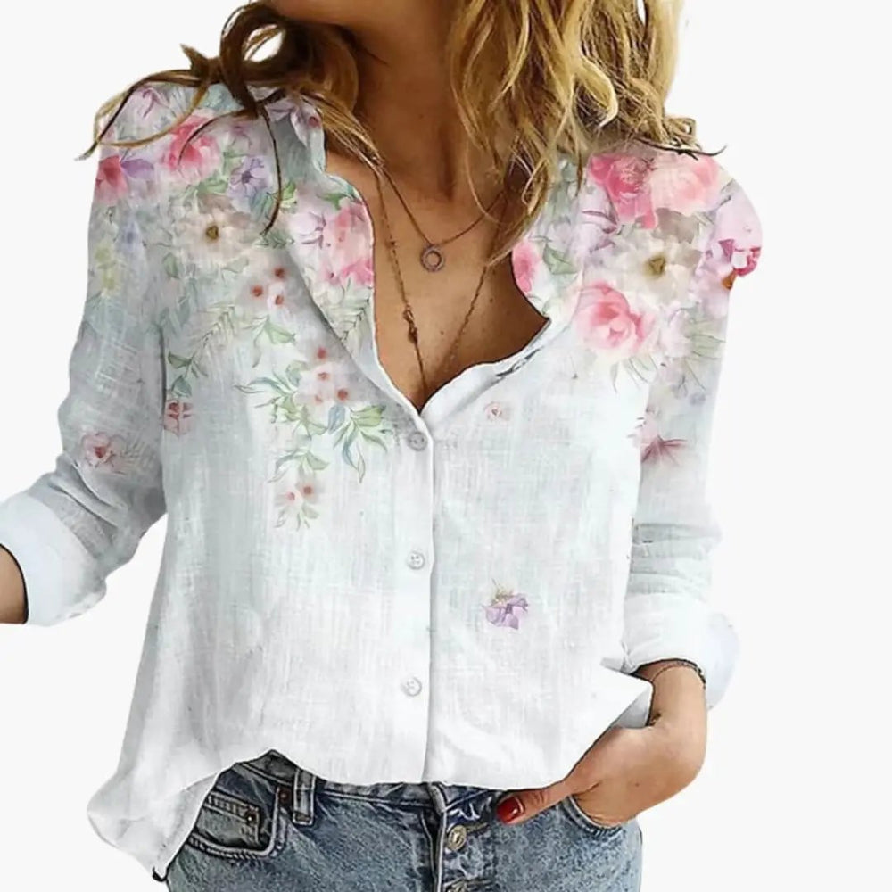 Women's Printed Blouse – V-Neck, Long Sleeve & Straight Hem