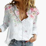 Women's Printed Blouse – V-Neck, Long Sleeve & Straight Hem