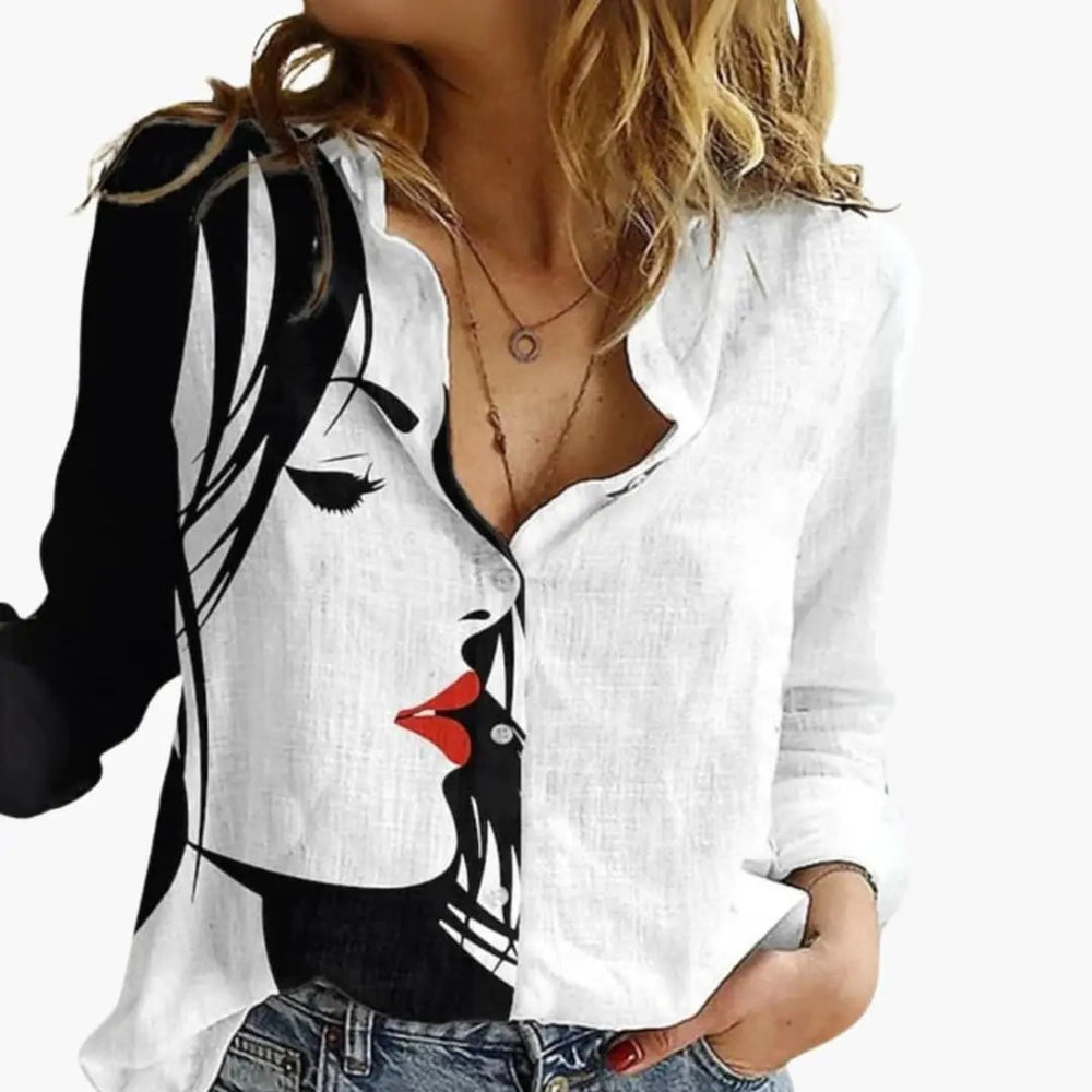 Women's Printed Blouse – V-Neck, Long Sleeve & Straight Hem