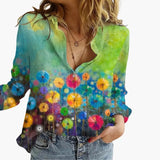 Women's Printed Blouse – V-Neck, Long Sleeve & Straight Hem