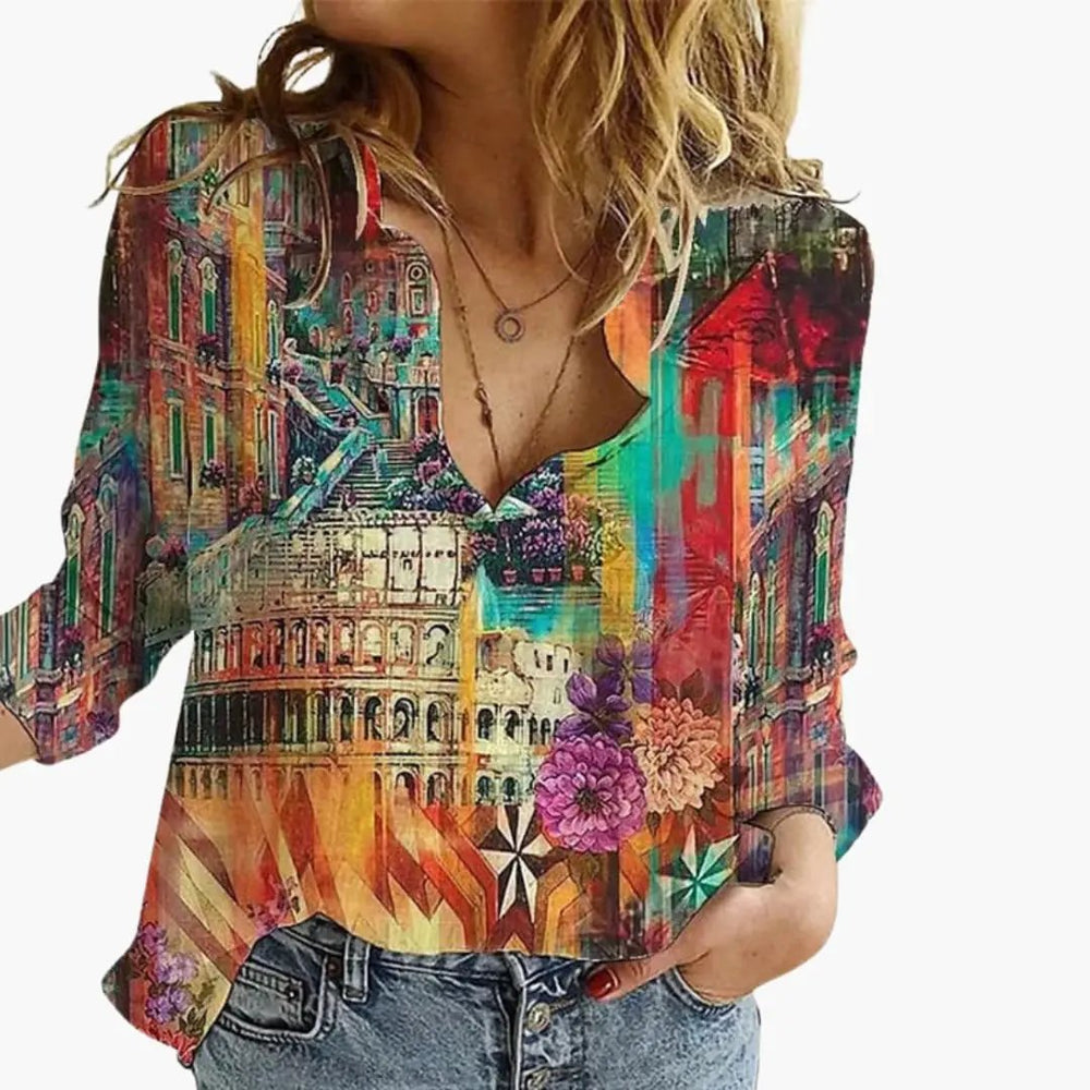 Women's Printed Blouse – V-Neck, Long Sleeve & Straight Hem