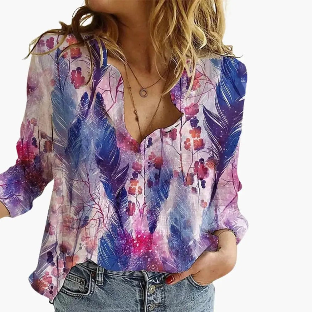 Women's Printed Blouse – V-Neck, Long Sleeve & Straight Hem