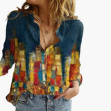 Women's Printed Blouse – V-Neck, Long Sleeve & Straight Hem