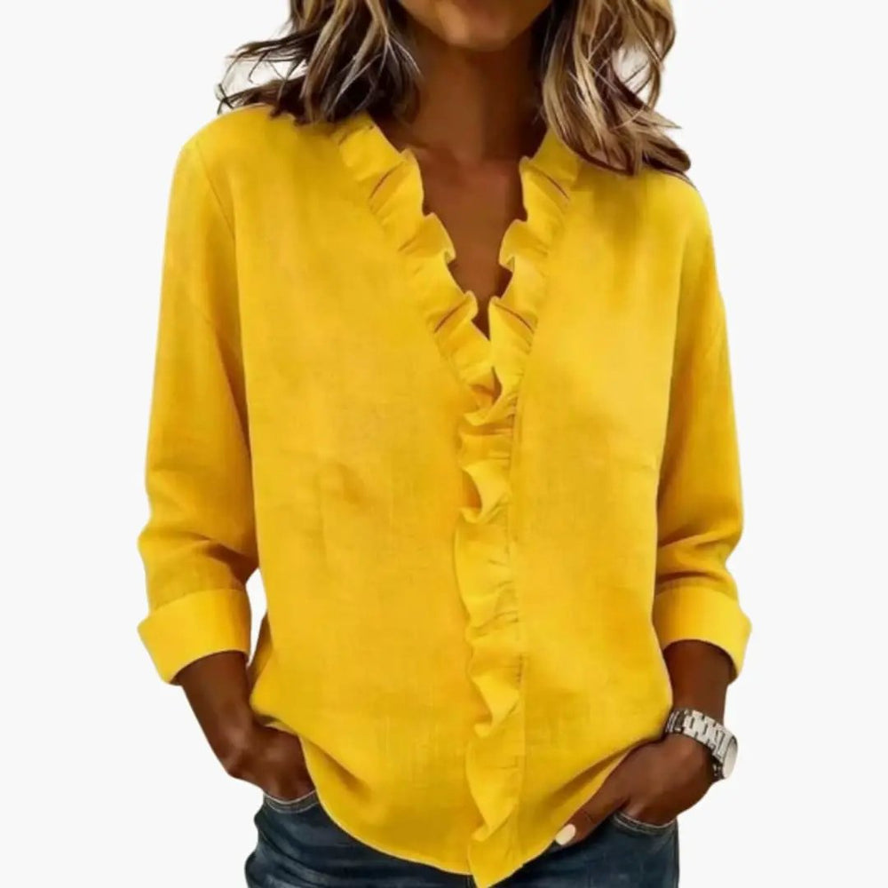 Women's Blouse – Ruffled V-Neck & Long Sleeves