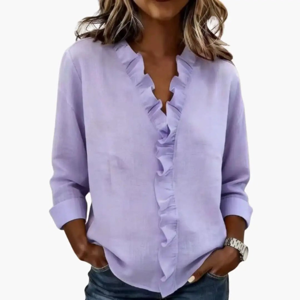Women's Blouse – Ruffled V-Neck & Long Sleeves