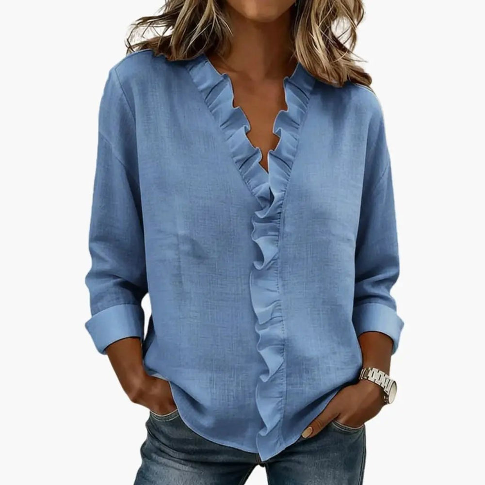 Women's Blouse – Ruffled V-Neck & Long Sleeves