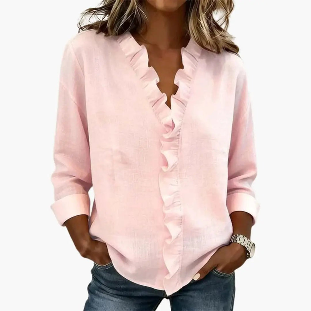 Women's Blouse – Ruffled V-Neck & Long Sleeves