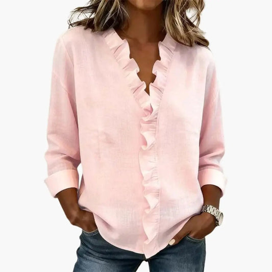 Women's Blouse with Ruffled V-Neck and Long Sleeves