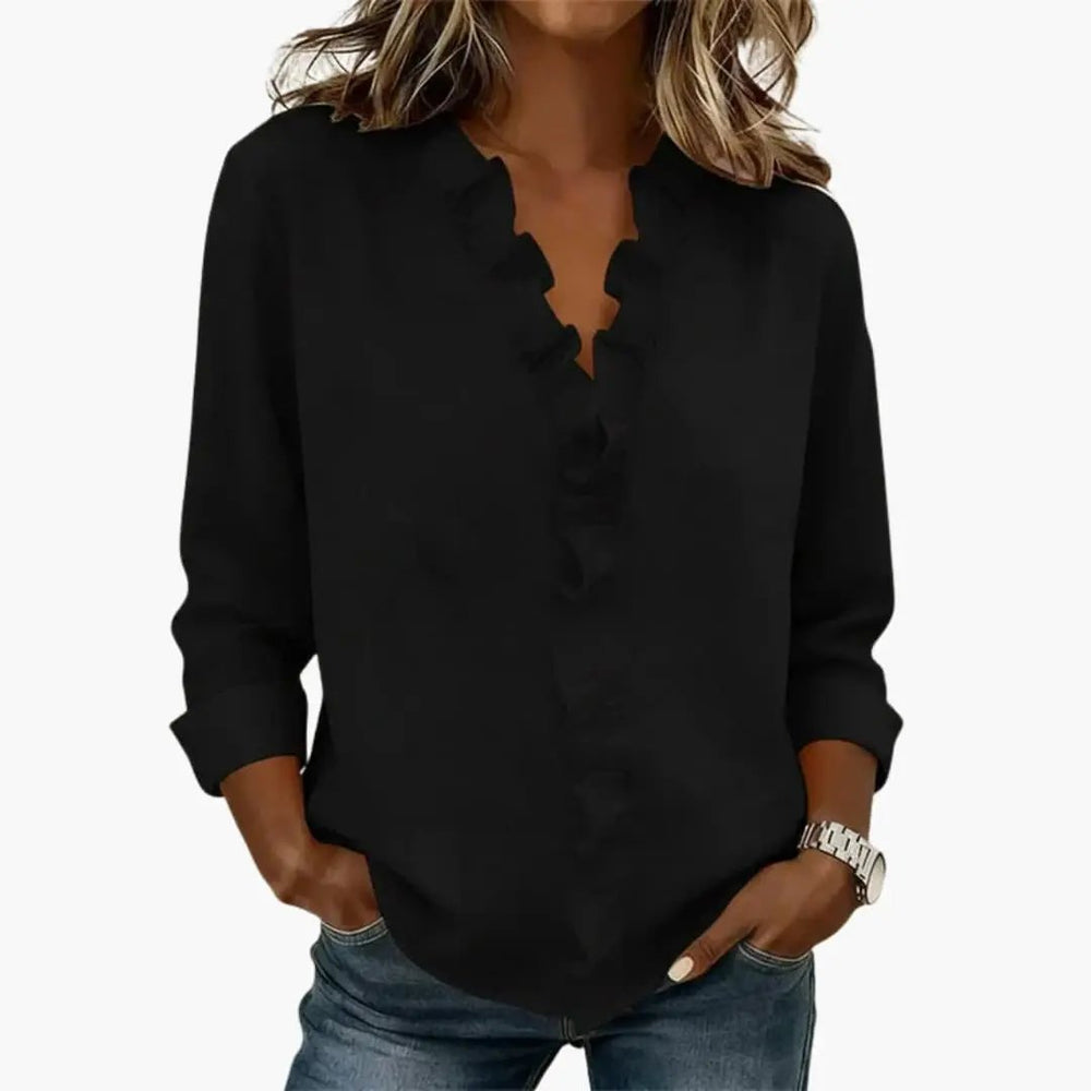 Women's Blouse – Ruffled V-Neck & Long Sleeves