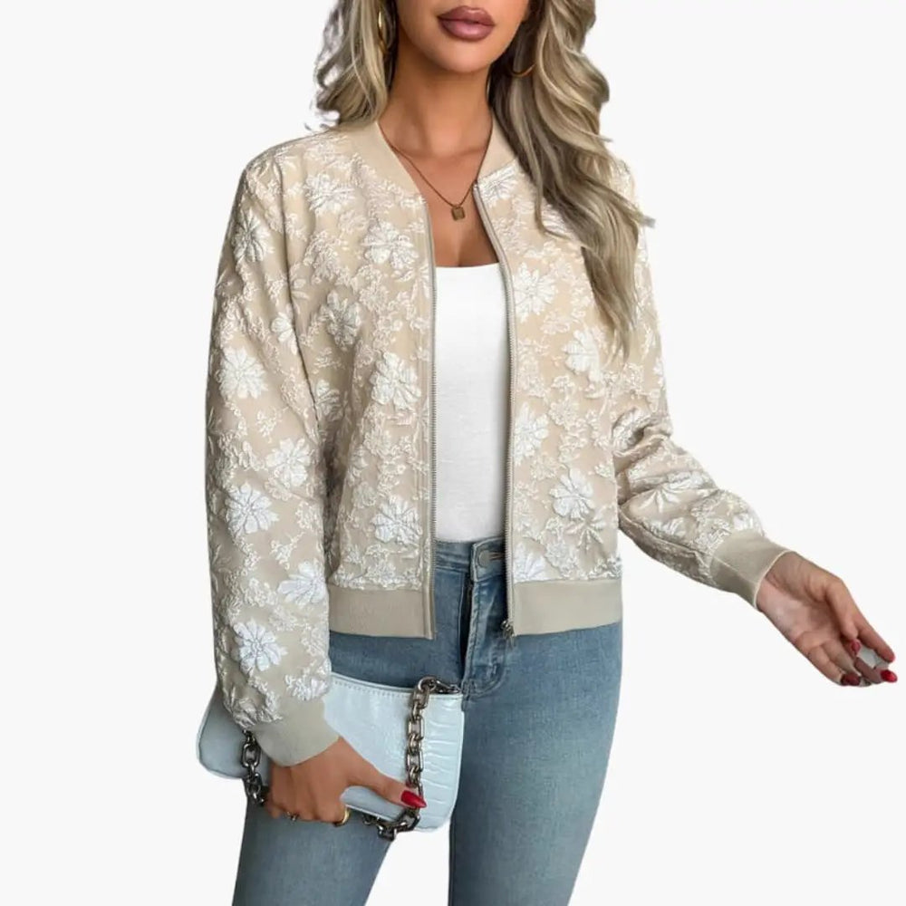 Women's Bomber Jacket – Floral Embroidery, Zip Closure & Ribbed Cuffs