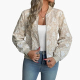 Women's Bomber Jacket – Floral Embroidery, Zip Closure & Ribbed Cuffs