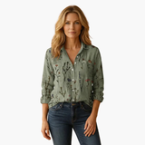 Women's Button-Down Blouse – Classic Collar, Long Sleeve & Hip Length