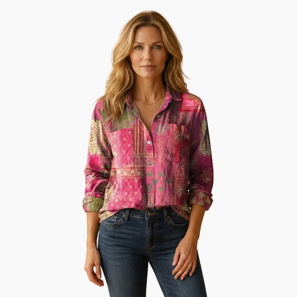Women's Button-Down Blouse – Classic Collar, Long Sleeve & Hip Length