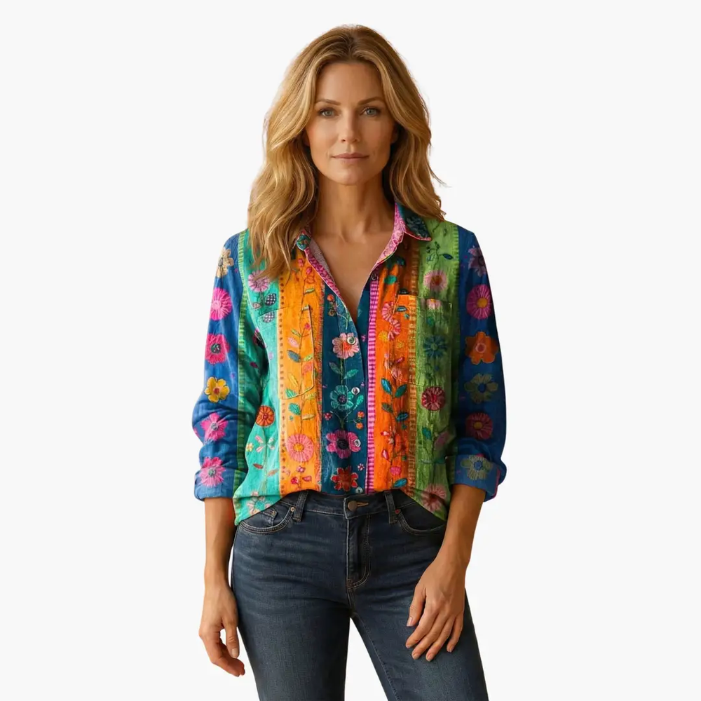 Women's Button-Down Blouse – Classic Collar, Long Sleeve & Hip Length