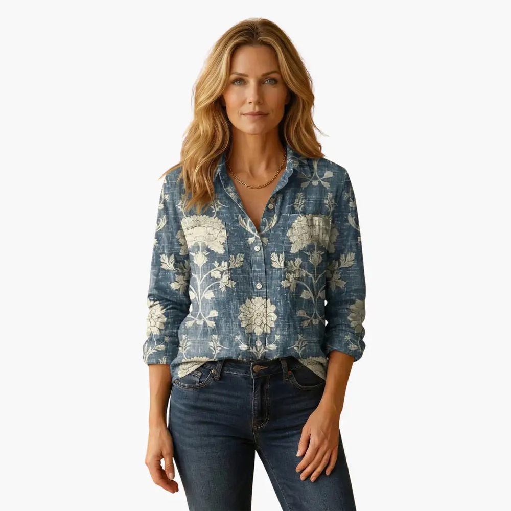 Women's Button-Down Blouse – Classic Collar, Long Sleeve & Hip Length