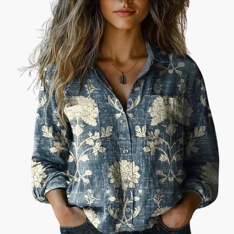 Women's Button-Down Blouse – Classic Collar, Long Sleeve & Hip Length