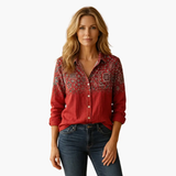 Women's Button-Down Blouse – Classic Collar, Long Sleeve & Hip Length
