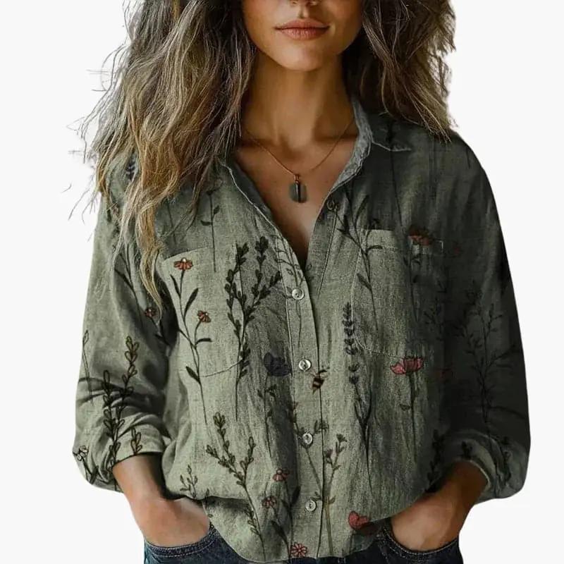 Women's Button-Down Blouse – Classic Collar, Long Sleeve & Hip Length