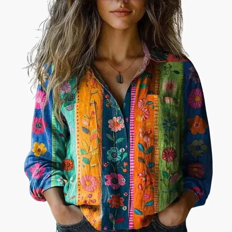 Women's Button-Down Blouse – Classic Collar, Long Sleeve & Hip Length