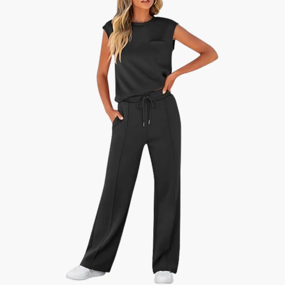 Women's Two-Piece Set – Cap Sleeve, Round Neck Top & Drawstring Pants