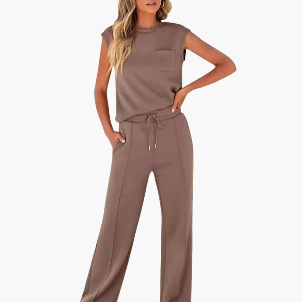 Women's Two-Piece Set – Cap Sleeve, Round Neck Top & Drawstring Pants