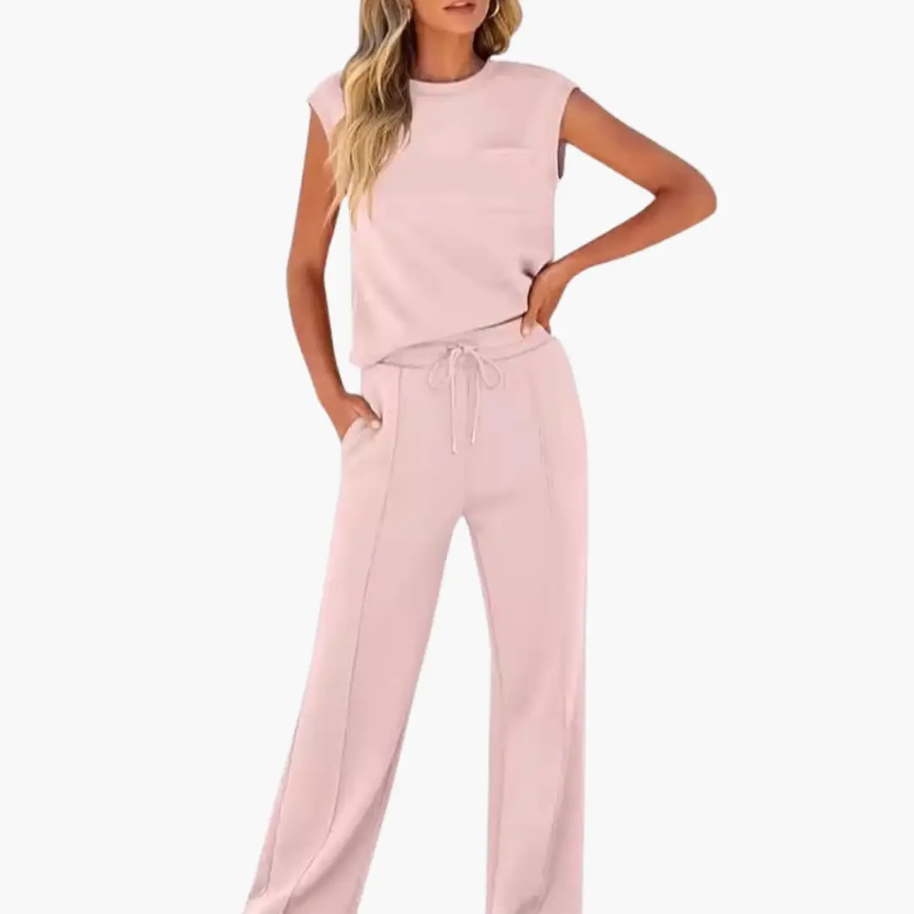 Women's Two-Piece Set – Cap Sleeve, Round Neck Top & Drawstring Pants
