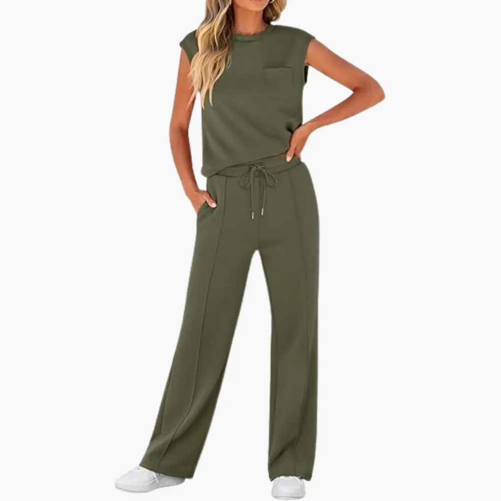 Women's Two-Piece Set – Cap Sleeve, Round Neck Top & Drawstring Pants
