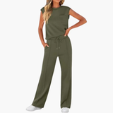 Women's Two-Piece Set – Cap Sleeve, Round Neck Top & Drawstring Pants