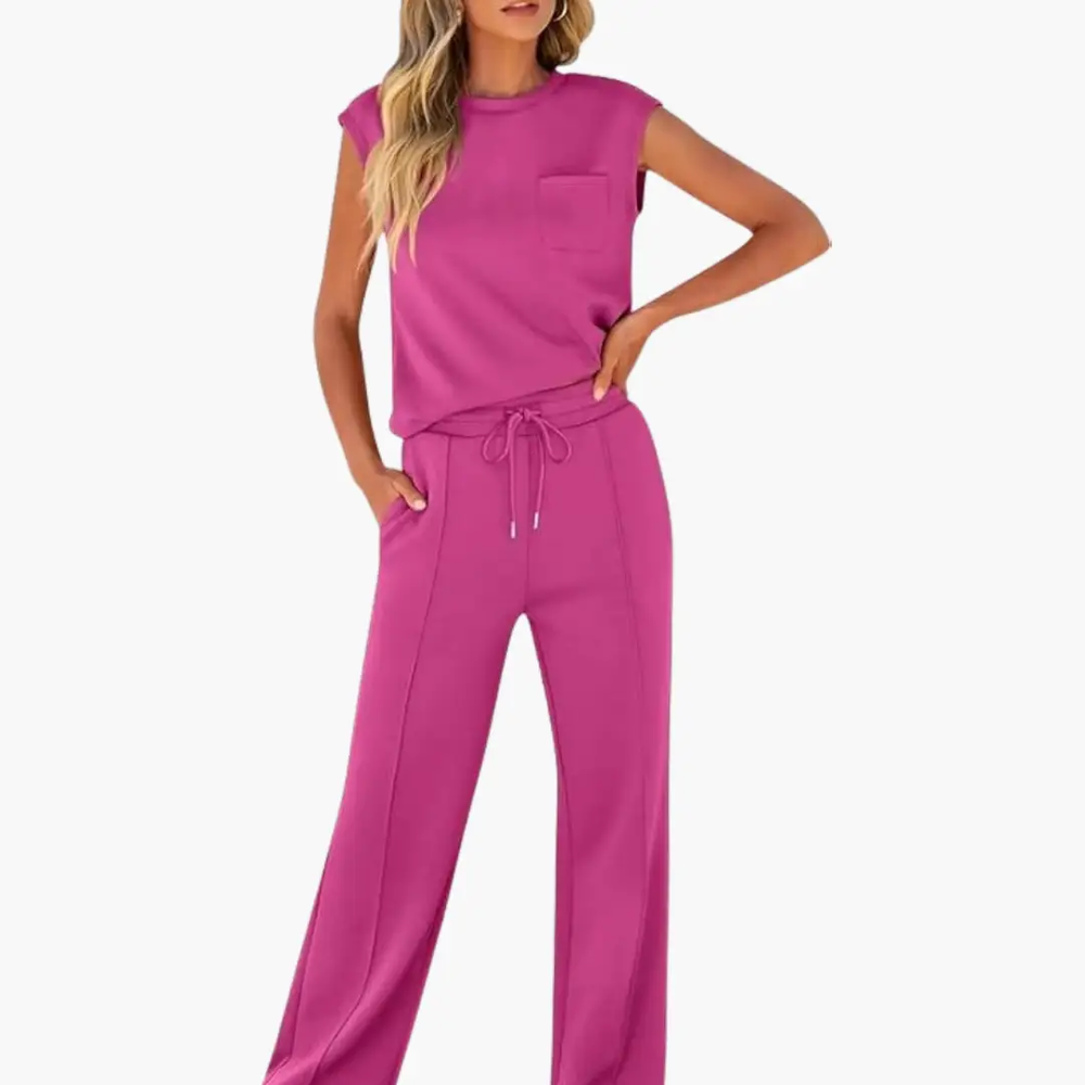 Women's Two-Piece Set – Cap Sleeve, Round Neck Top & Drawstring Pants