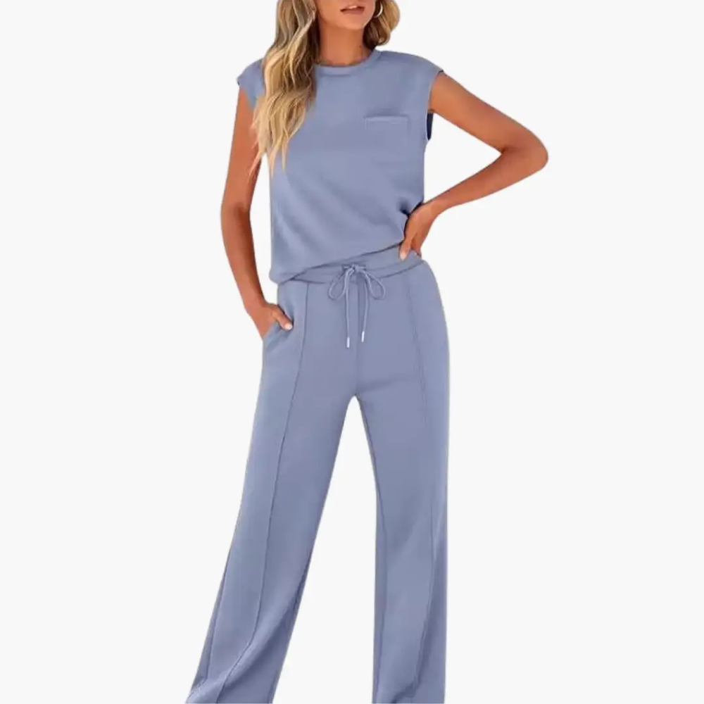 Women's Two-Piece Set – Cap Sleeve, Round Neck Top & Drawstring Pants