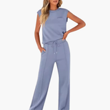 Women's Two-Piece Set – Cap Sleeve, Round Neck Top & Drawstring Pants