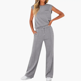 Women's Two-Piece Set – Cap Sleeve, Round Neck Top & Drawstring Pants