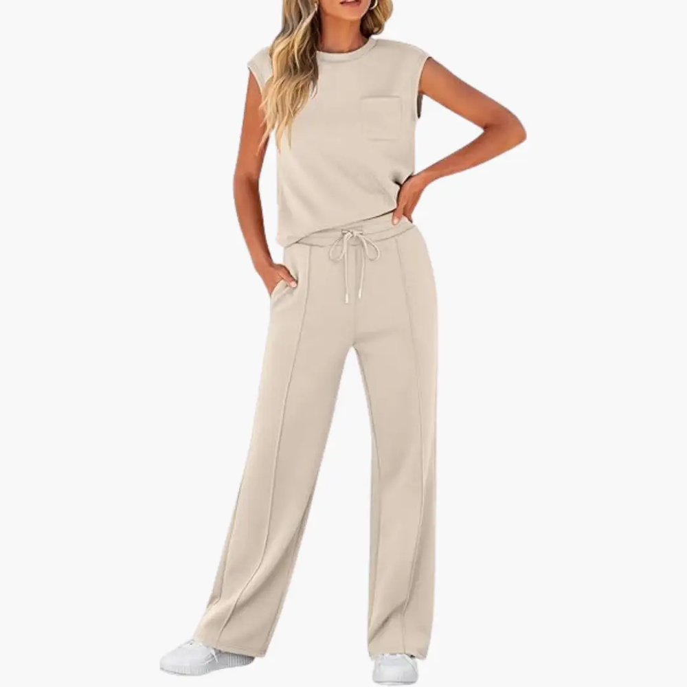 Women's Two-Piece Set – Cap Sleeve, Round Neck Top & Drawstring Pants