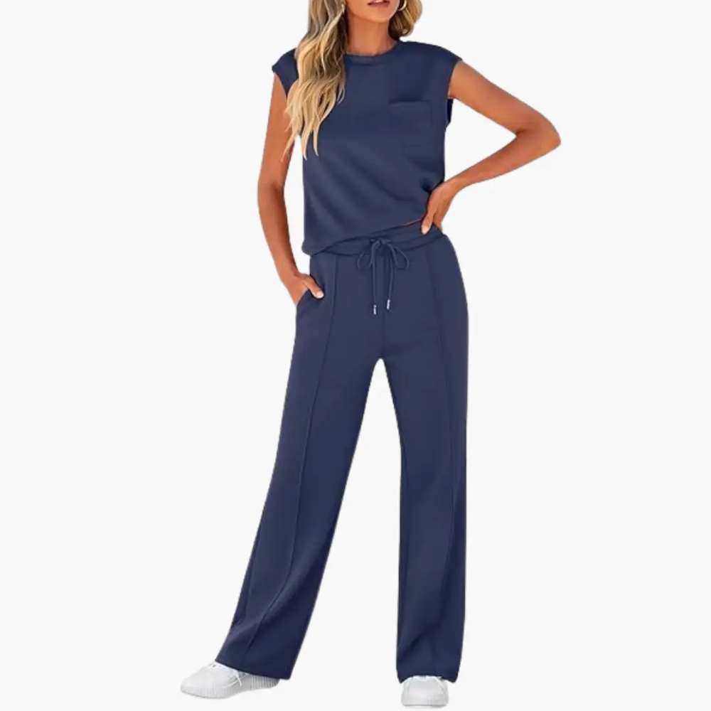 Women's Two-Piece Set – Cap Sleeve, Round Neck Top & Drawstring Pants