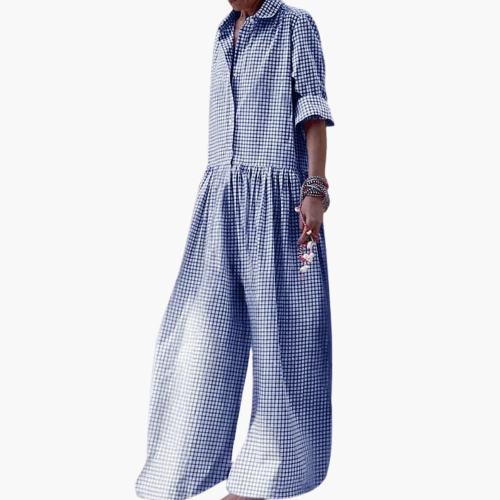Women's Jumpsuit – Checked Print, Wide Leg & Short Sleeve
