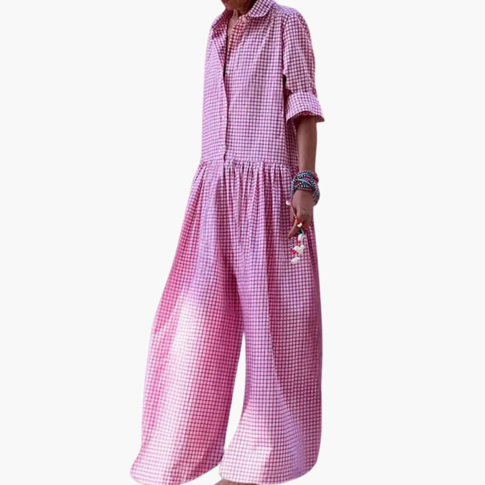 Women's Jumpsuit – Checked Print, Wide Leg & Short Sleeve