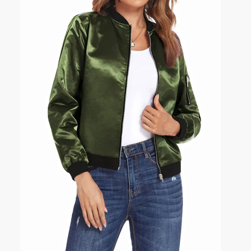 Women's Bomber Jacket – Zip Front, Side Pockets & Ribbed Trim