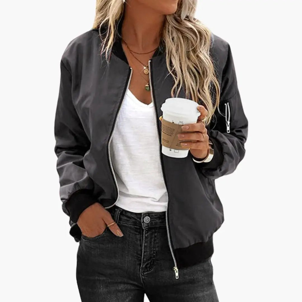 Women's Bomber Jacket – Zip Front, Side Pockets & Ribbed Trim