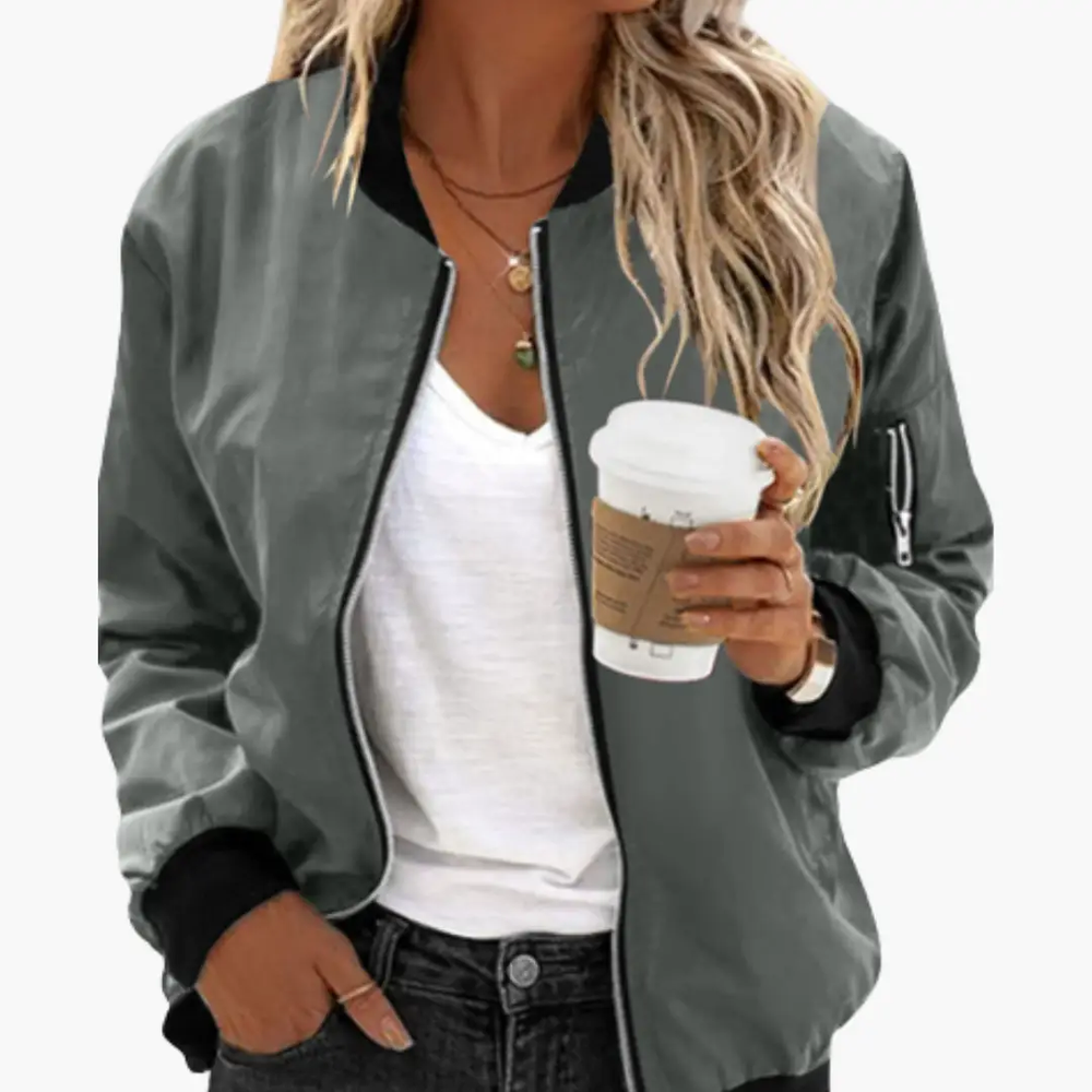 Women's Bomber Jacket – Zip Front, Side Pockets & Ribbed Trim