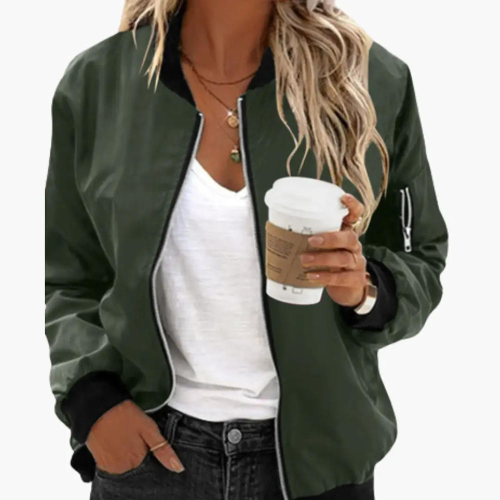 Women's Bomber Jacket – Zip Front, Side Pockets & Ribbed Trim