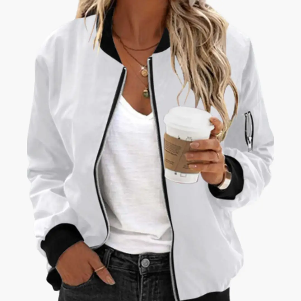 Women's Bomber Jacket – Zip Front, Side Pockets & Ribbed Trim