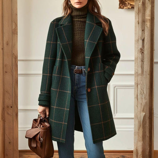 Women's Coat – Plaid Pattern, Long Length & Winter Outerwear Style
