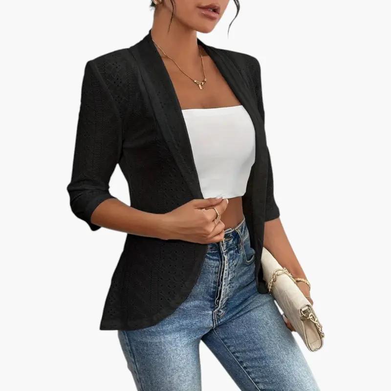 Women's Shawl Collar Coat – Open Front, Eyelet Detail & Mid-Length Sleeves