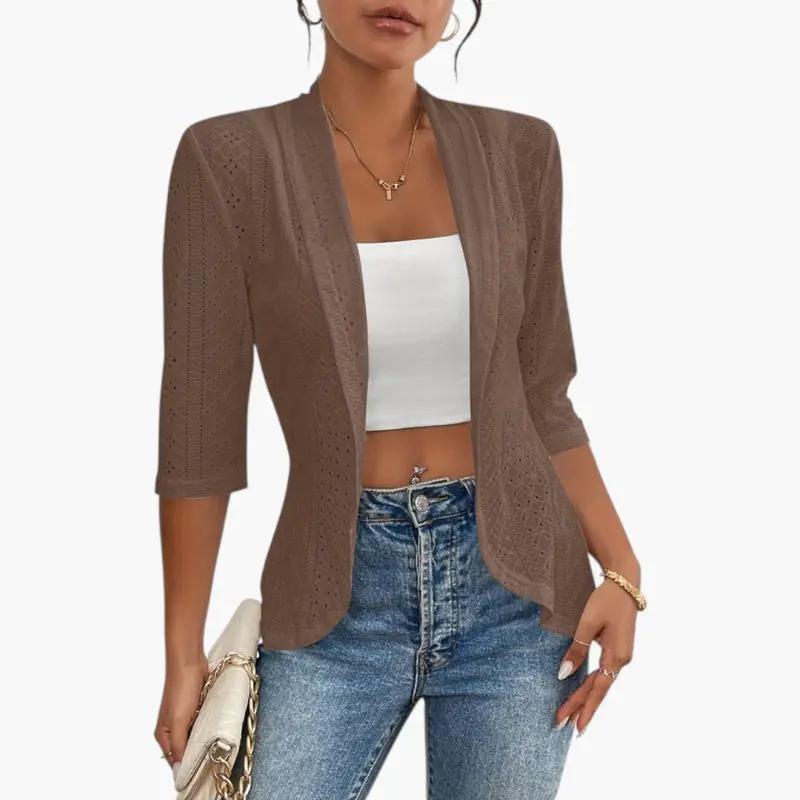 Women's Shawl Collar Coat – Open Front, Eyelet Detail & Mid-Length Sleeves