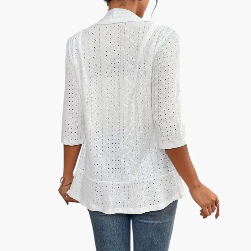 Women's Shawl Collar Coat – Open Front, Eyelet Detail & Mid-Length Sleeves