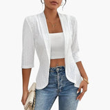 Women's Shawl Collar Coat – Open Front, Eyelet Detail & Mid-Length Sleeves